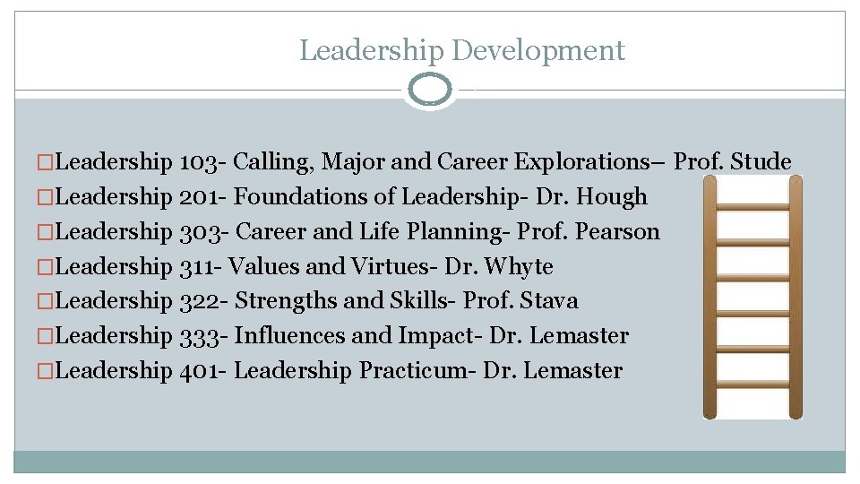 Leadership Development �Leadership 103 - Calling, Major and Career Explorations– Prof. Stude �Leadership 201