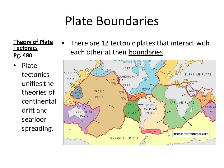 Plate Boundaries Theory of Plate Tectonics Pg. 480 • Plate tectonics unifies theories of