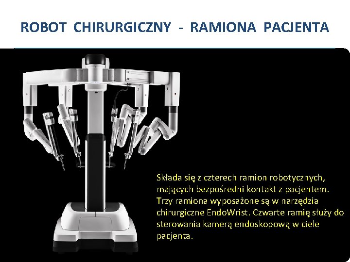 ROBOT CHIRURGICZNY - RAMIONA PACJENTA Składa się z czterech ramion robotycznych, mających bezpośredni kontakt