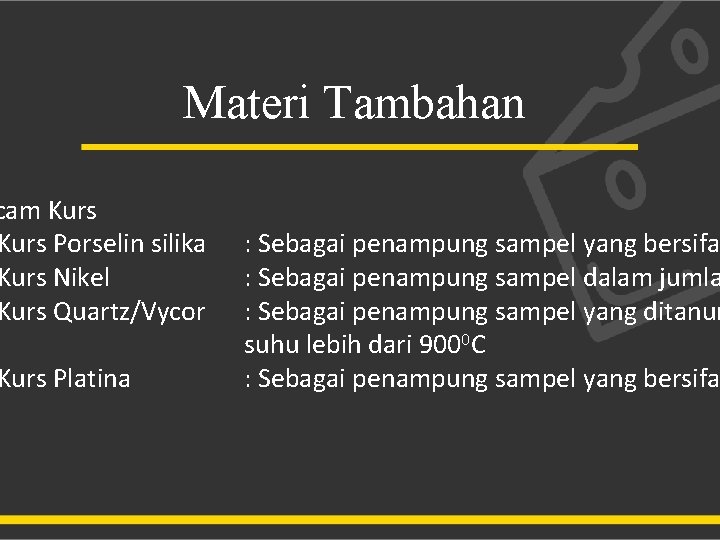 Materi Tambahan cam Kurs Porselin silika Kurs Nikel Kurs Quartz/Vycor Kurs Platina : Sebagai