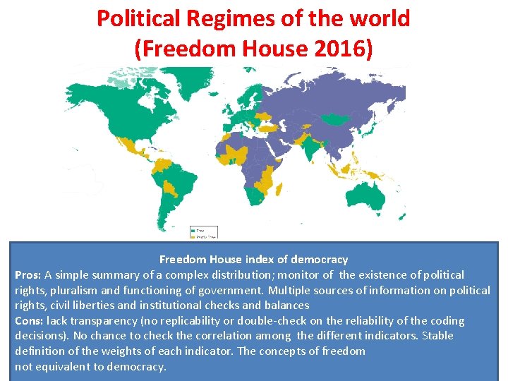 Political Regimes of the world (Freedom House 2016) Freedom House index of democracy Pros: