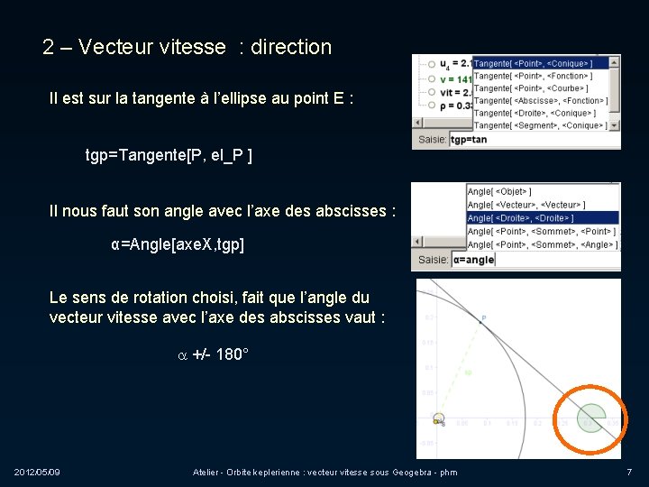 2 – Vecteur vitesse : direction Il est sur la tangente à l’ellipse au