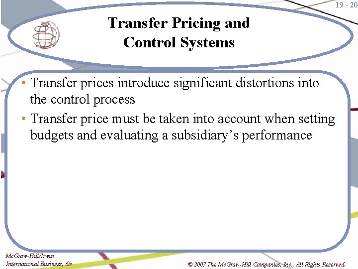 19 - 20 Transfer Pricing and Control Systems • Transfer prices introduce significant distortions