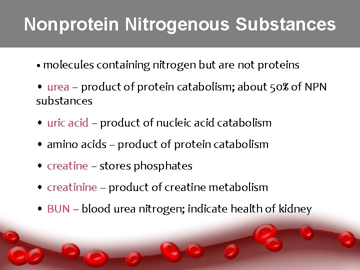 Nonprotein Nitrogenous Substances • molecules containing nitrogen but are not proteins • urea –
