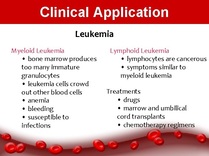 Clinical Application Leukemia Myeloid Leukemia • bone marrow produces too many immature granulocytes •
