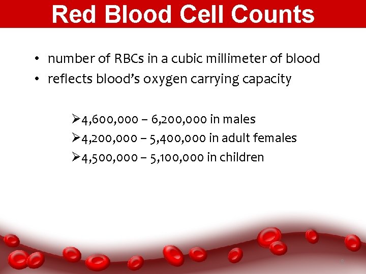 Red Blood Cell Counts • number of RBCs in a cubic millimeter of blood