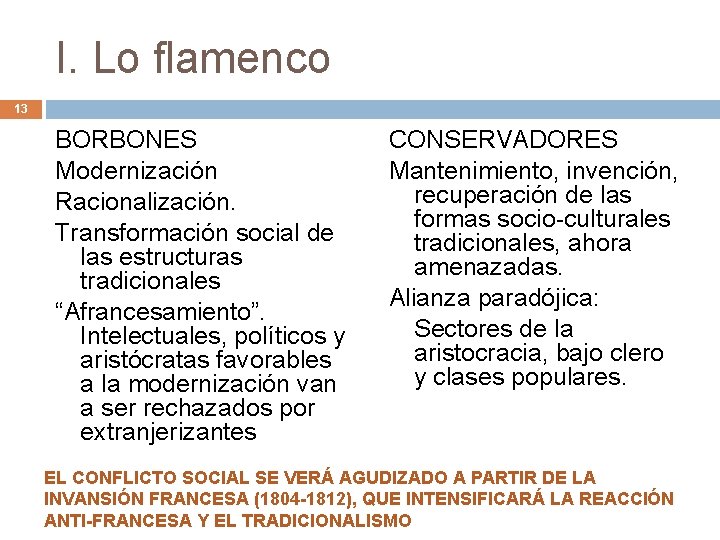 I. Lo flamenco 13 BORBONES Modernización Racionalización. Transformación social de las estructuras tradicionales “Afrancesamiento”.