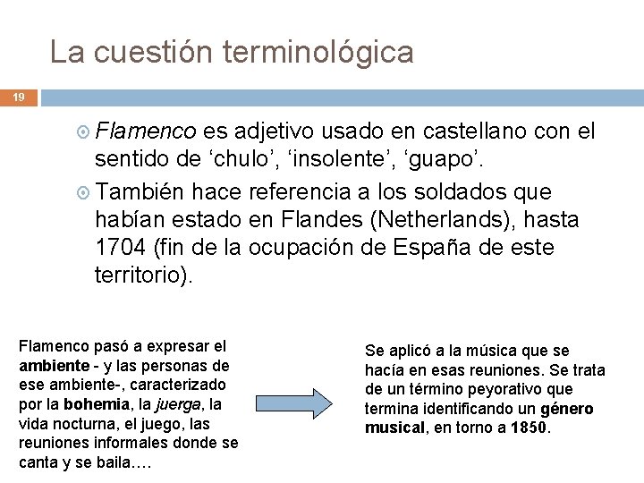 La cuestión terminológica 19 Flamenco es adjetivo usado en castellano con el sentido de