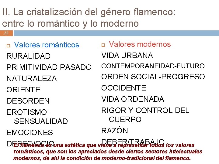 II. La cristalización del género flamenco: entre lo romántico y lo moderno 22 Valores