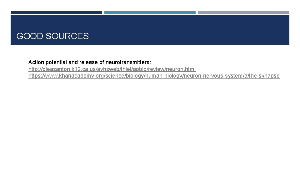 GOOD SOURCES Action potential and release of neurotransmitters: http: //pleasanton. k 12. ca. us/avhsweb/thiel/apbio/review/neuron.