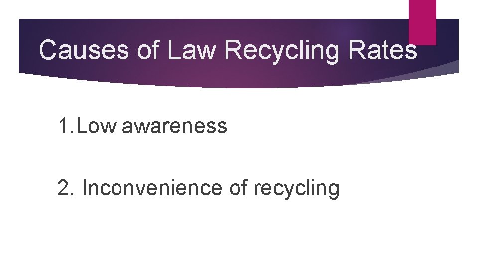 Causes of Law Recycling Rates 1. Low awareness 2. Inconvenience of recycling 