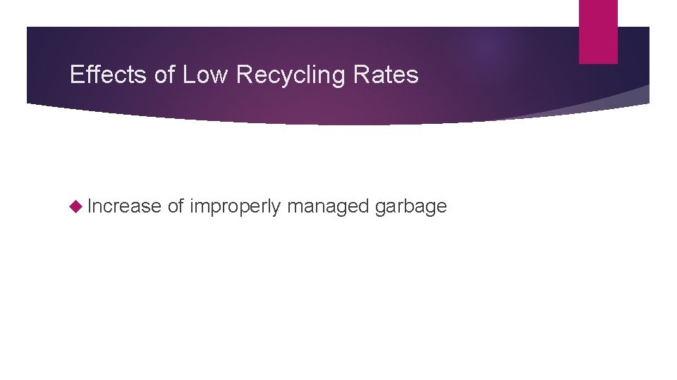 Effects of Low Recycling Rates Increase of improperly managed garbage 