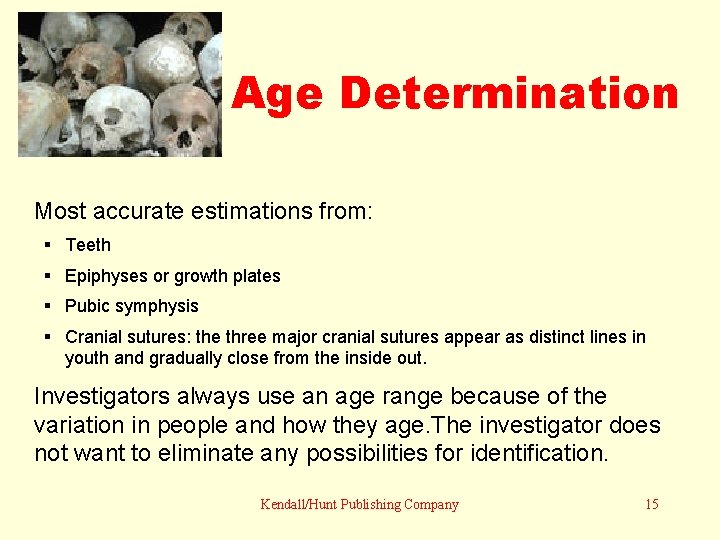 Age Determination Most accurate estimations from: Teeth Epiphyses or growth plates Pubic symphysis Cranial