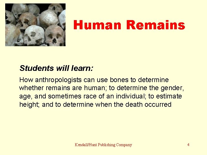 Human Remains Students will learn: How anthropologists can use bones to determine whether remains