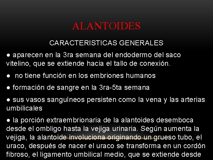 ALANTOIDES CARACTERISTICAS GENERALES ● aparecen en la 3 ra semana del endodermo del saco