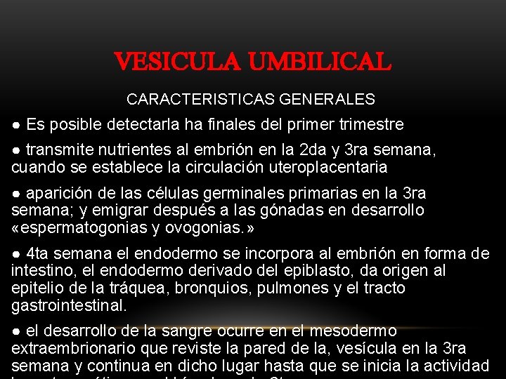 VESICULA UMBILICAL CARACTERISTICAS GENERALES ● Es posible detectarla ha finales del primer trimestre ●