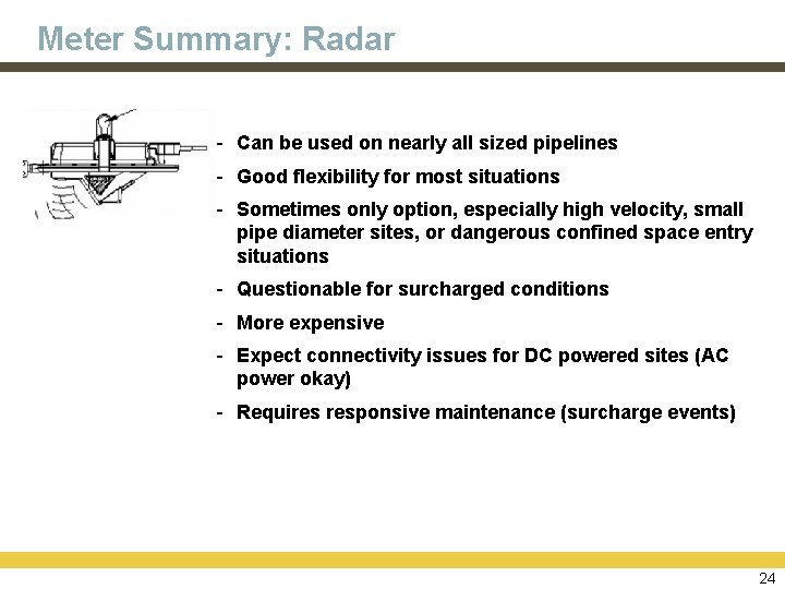 Meter Summary: Radar - Can be used on nearly all sized pipelines - Good