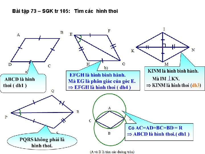 Bài tập 73 – SGK tr 105: Tìm các hình thoi 