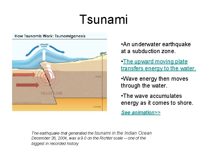 Tsunami • An underwater earthquake at a subduction zone. • The upward moving plate