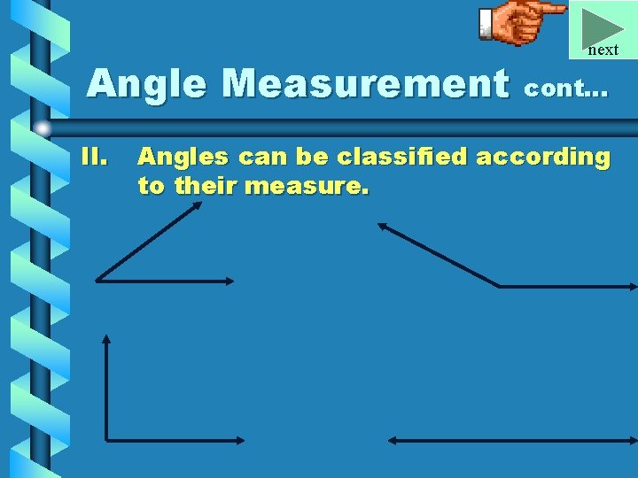 next Angle Measurement cont… II. Angles can be classified according to their measure. 