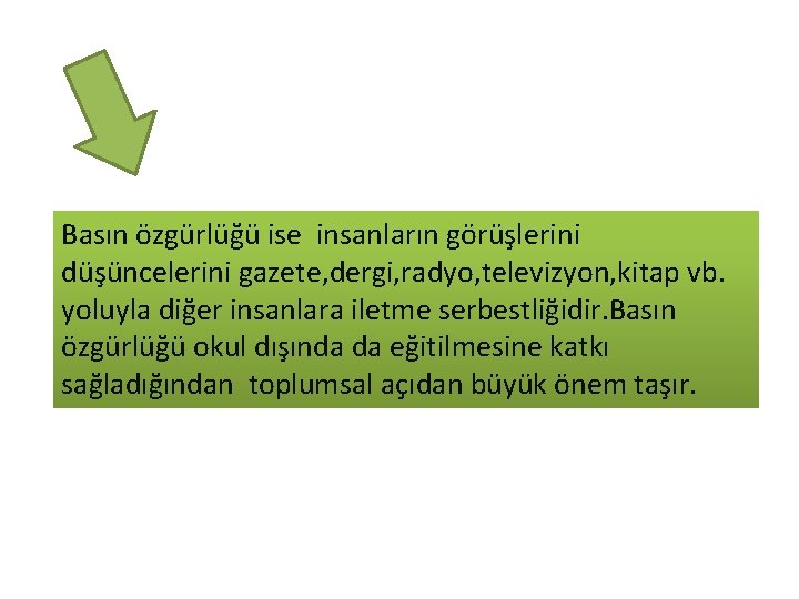 Basın özgürlüğü ise insanların görüşlerini düşüncelerini gazete, dergi, radyo, televizyon, kitap vb. yoluyla diğer