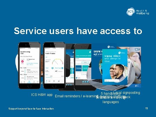 Service users have access to Pedometer Physical activity video Local signposting ICS H&W app