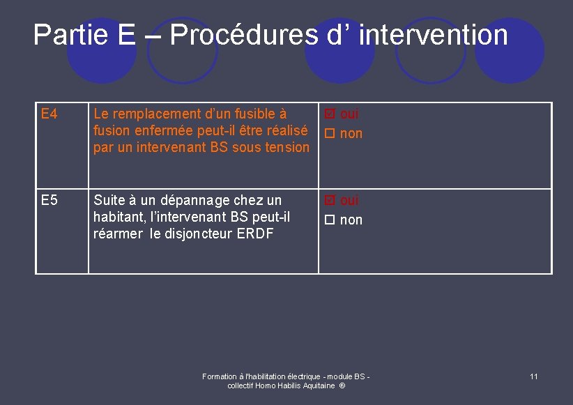 Partie E – Procédures d’ intervention E 4 oui Le remplacement d’un fusible à