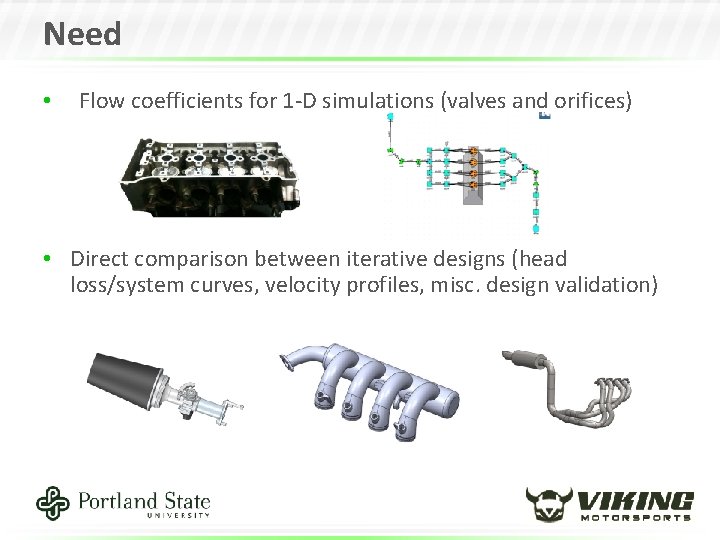 Need • Flow coefficients for 1 -D simulations (valves and orifices) • Direct comparison