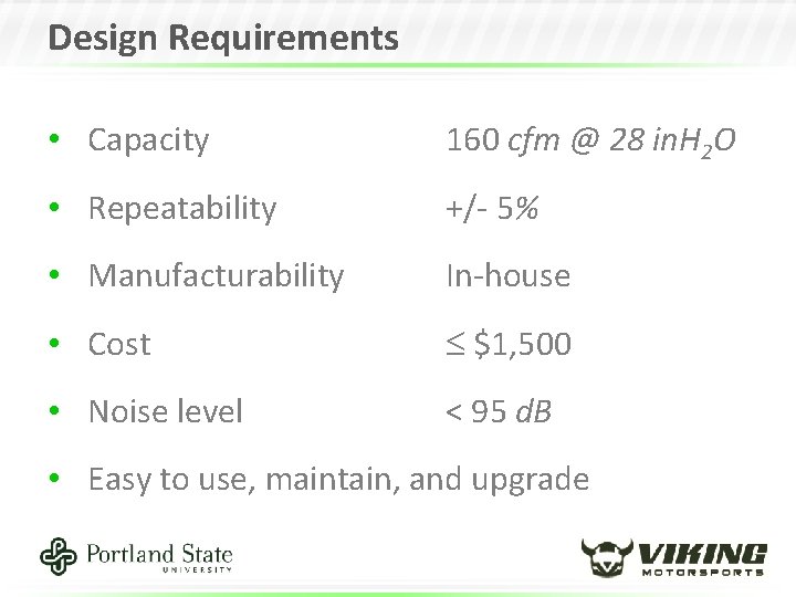 Design Requirements • Capacity 160 cfm @ 28 in. H 2 O • Repeatability