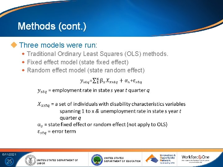 Methods (cont. ) Three models were run: Traditional Ordinary Least Squares (OLS) methods. Fixed