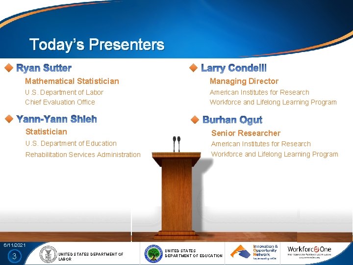 Today’s Presenters Mathematical Statistician Managing Director U. S. Department of Labor Chief Evaluation Office