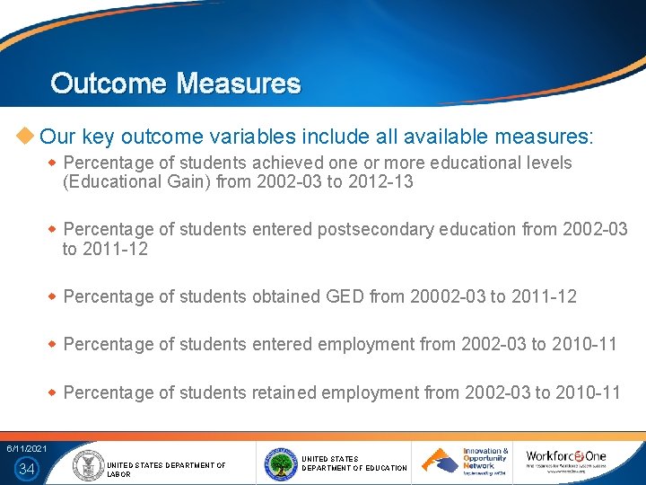 Outcome Measures Our key outcome variables include all available measures: Percentage of students achieved
