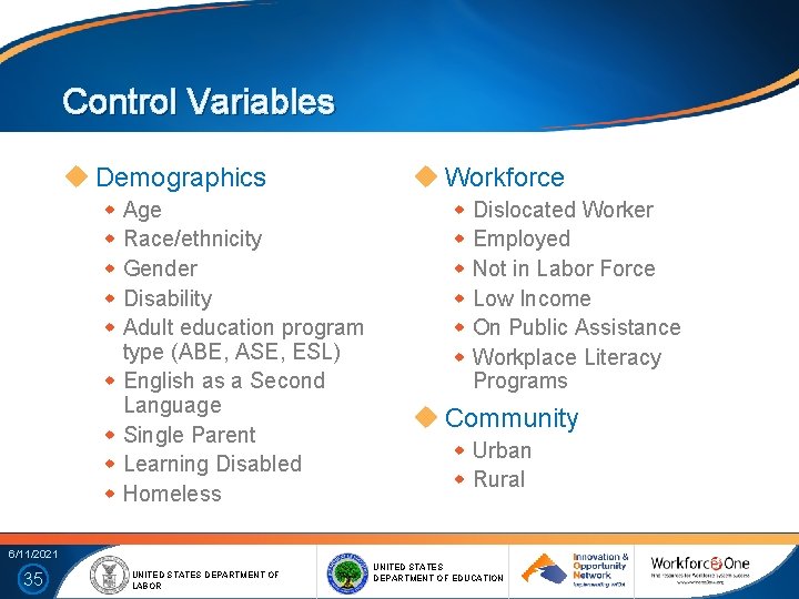 Control Variables Demographics Age Race/ethnicity Gender Disability Adult education program type (ABE, ASE, ESL)