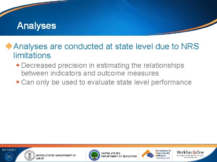 Analyses are conducted at state level due to NRS limitations Decreased precision in estimating