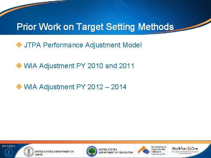 Prior Work on Target Setting Methods JTPA Performance Adjustment Model WIA Adjustment PY 2010