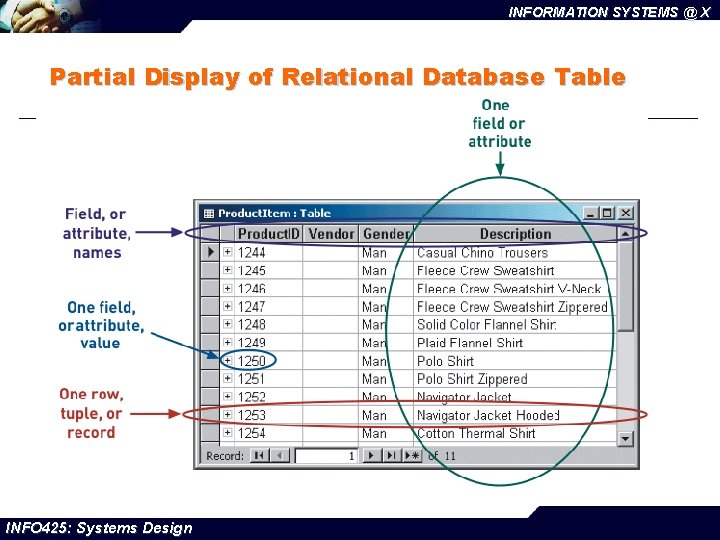 INFORMATION SYSTEMS @ X Partial Display of Relational Database Table INFO 425: Systems Design