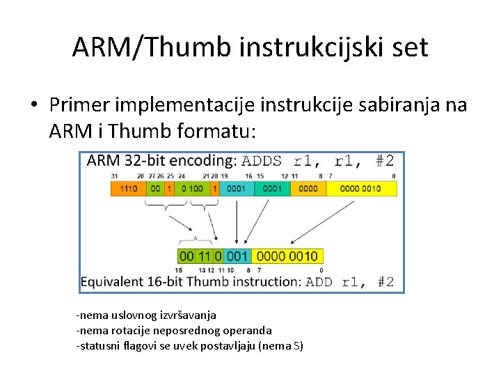 ARM/Thumb instrukcijski set • Primer implementacije instrukcije sabiranja na ARM i Thumb formatu: -nema