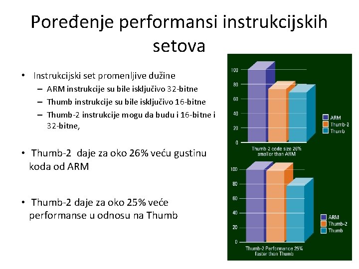 Poređenje performansi instrukcijskih setova • Instrukcijski set promenljive dužine – ARM instrukcije su bile