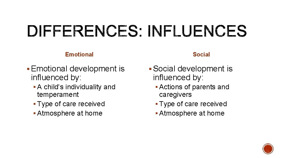 Emotional Social § Emotional development is § Social development is § A child’s individuality Emotional Social § Emotional development is § Social development is § A child’s individuality