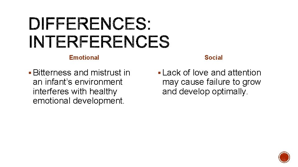 Emotional § Bitterness and mistrust in an infant’s environment interferes with healthy emotional development. Emotional § Bitterness and mistrust in an infant’s environment interferes with healthy emotional development.