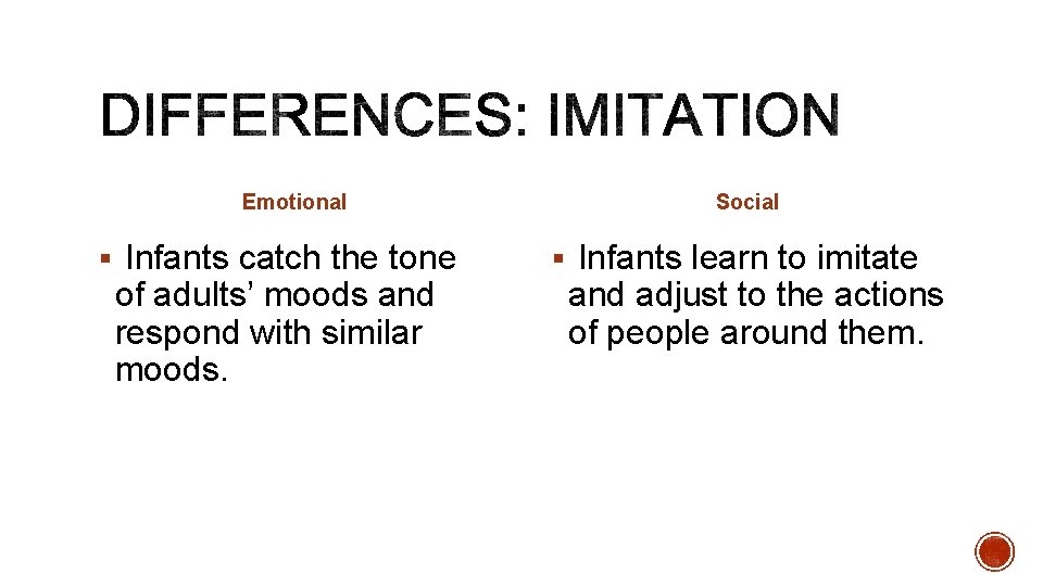 Emotional § Infants catch the tone of adults’ moods and respond with similar moods. Emotional § Infants catch the tone of adults’ moods and respond with similar moods.