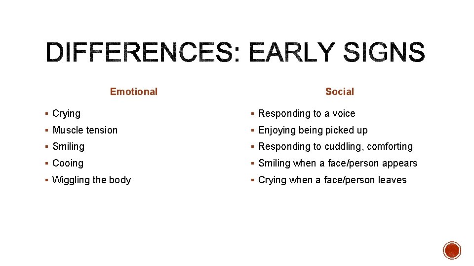 Emotional Social § Crying § Responding to a voice § Muscle tension § Enjoying Emotional Social § Crying § Responding to a voice § Muscle tension § Enjoying