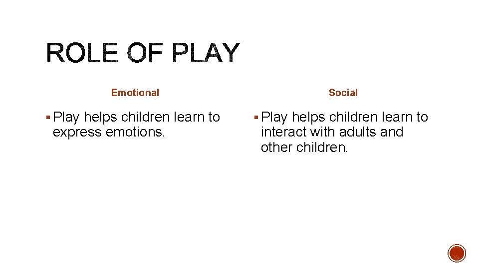 Emotional Social § Play helps children learn to express emotions. interact with adults and Emotional Social § Play helps children learn to express emotions. interact with adults and
