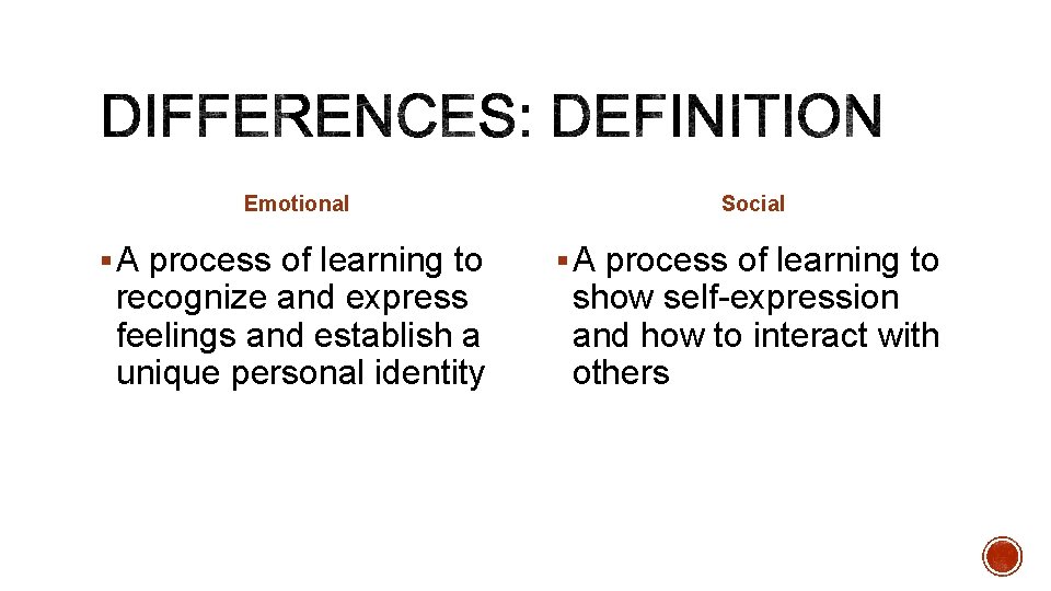Emotional Social § A process of learning to recognize and express feelings and establish Emotional Social § A process of learning to recognize and express feelings and establish