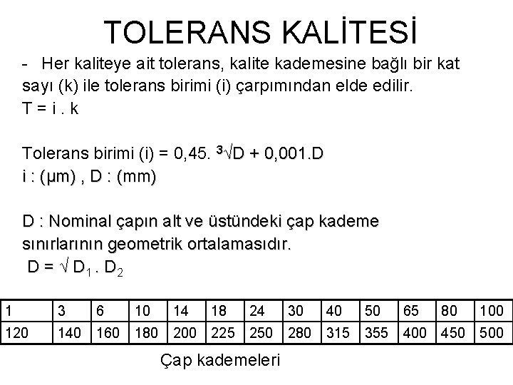 TOLERANS KALİTESİ - Her kaliteye ait tolerans, kalite kademesine bağlı bir kat sayı (k)