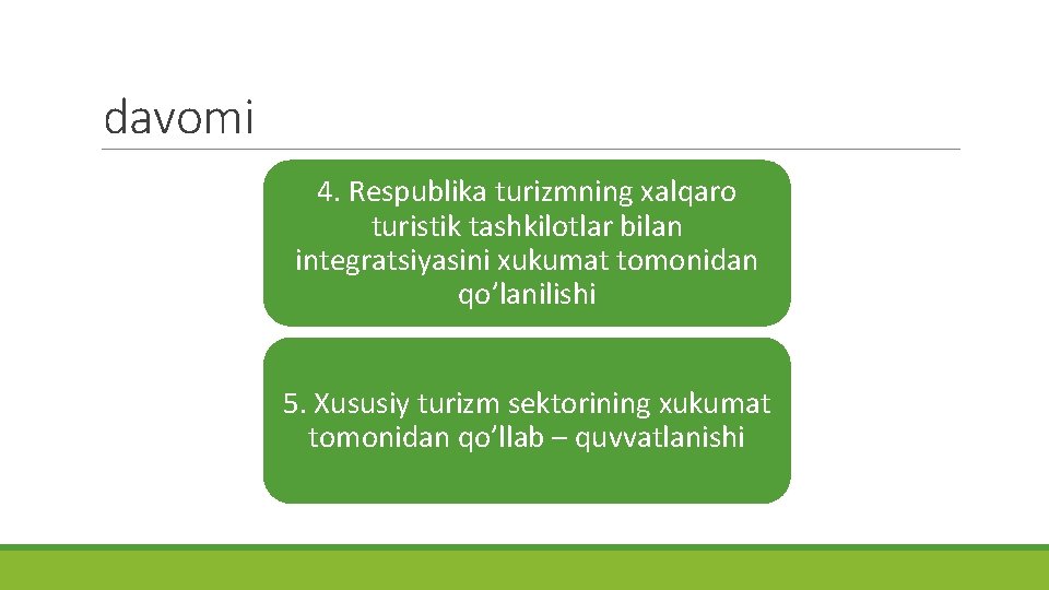 davomi 4. Respublika turizmning xalqaro turistik tashkilotlar bilan integratsiyasini xukumat tomonidan qo’lanilishi 5. Xususiy