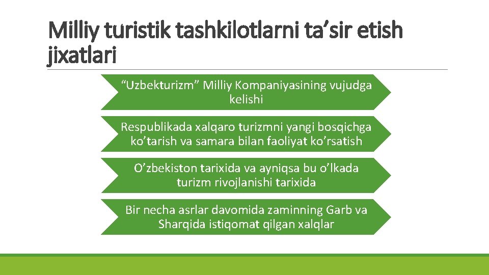 Milliy turistik tashkilotlarni ta’sir etish jixatlari “Uzbekturizm” Milliy Kompaniyasining vujudga kelishi Respublikada xalqaro turizmni