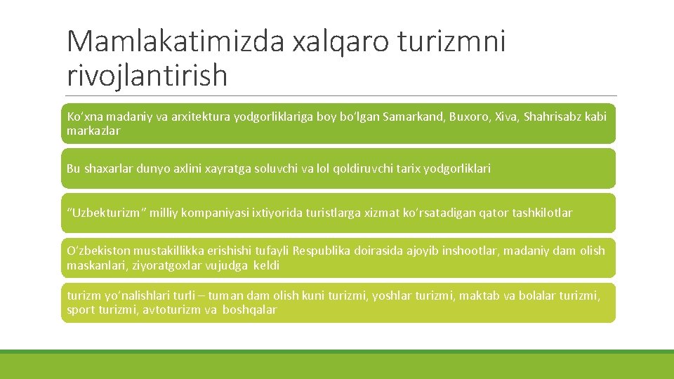 Mamlakatimizda xalqaro turizmni rivojlantirish Ko’xna madaniy va arxitektura yodgorliklariga boy bo’lgan Samarkand, Buxoro, Xiva,