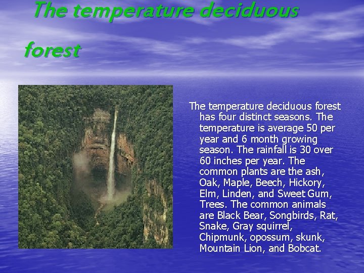The temperature deciduous forest has four distinct seasons. The temperature is average 50 per