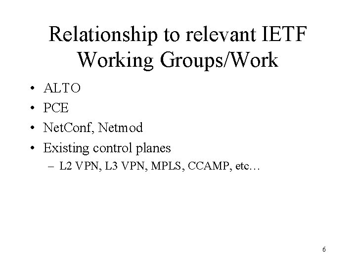 Relationship to relevant IETF Working Groups/Work • • ALTO PCE Net. Conf, Netmod Existing